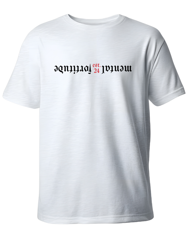 White t-shirt with text design on a white background