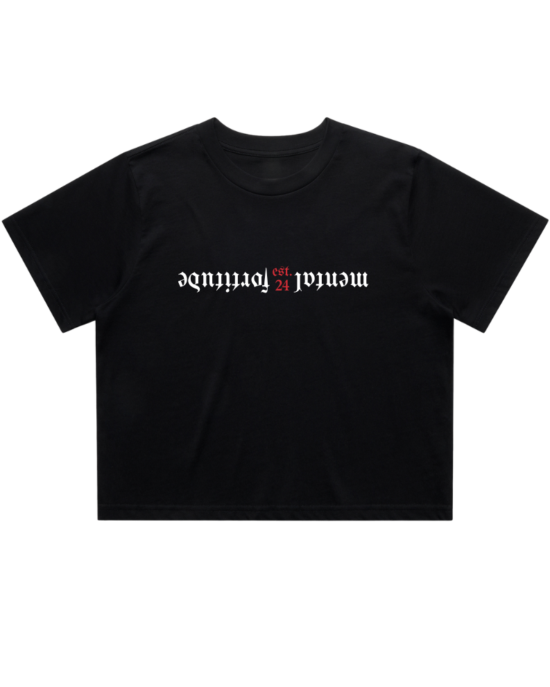 Black t-shirt with white text on a white background