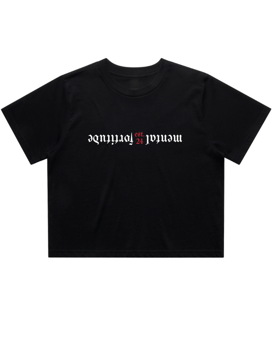 Black t-shirt with white text on a white background