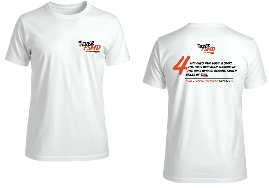 White short-sleeve crewneck t-shirt shown from both front and back against a black background.