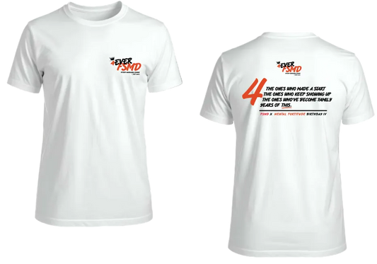 White short-sleeve crewneck t-shirt shown from both front and back against a black background.